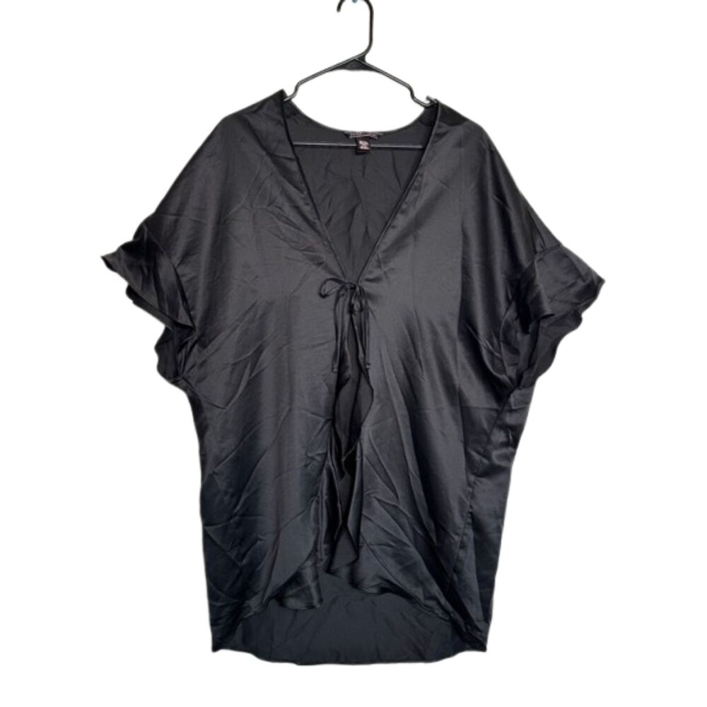 Victoria's Secret Black Ruffled Satin Kimono Robe OS Tie Front Flutter Sleeve
